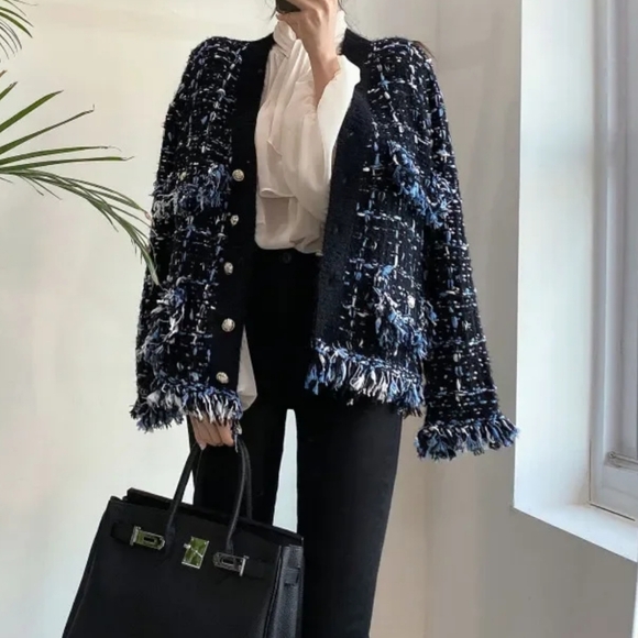 Tassels Patchwork Jacket Contrast Color V-neck Single Breasted Loose Coats - Picture 3 of 5